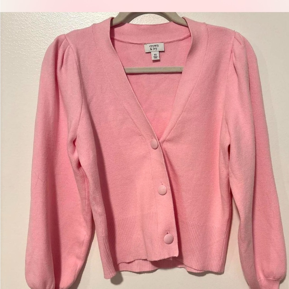 Cute girly‎ milkshake pink button front cardigan with puff sleeves xs